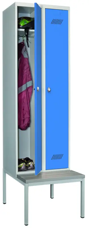 Bestpreis Pavoy Spind mit Sitzbank PVC hellgrau 2150 x 600 x 500 mm - 2 Abteile mit Drehriegel - RAL 7035 5012
