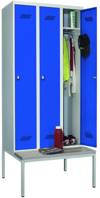 Jetzt Bestellen Pavoy Spind mit Sitzbank PVC hellgrau 2150 x 900 x 500 mm - 3 Abteile mit Drehriegel - RAL 7035 5010