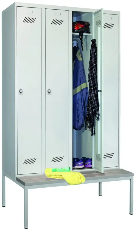 Heißes Angebot Pavoy Spind mit Sitzbank PVC hellgrau 2150 x 1200 x 500 mm - 4 Abteile mit Drehriegel - RAL 7035