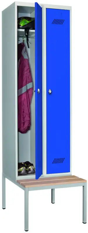 Pavoy Spind mit Sitzbank Holz Buche 2150 x 600 x 500 mm - 2 Abteile mit Drehriegel - RAL 7035 5010 Top-Seller