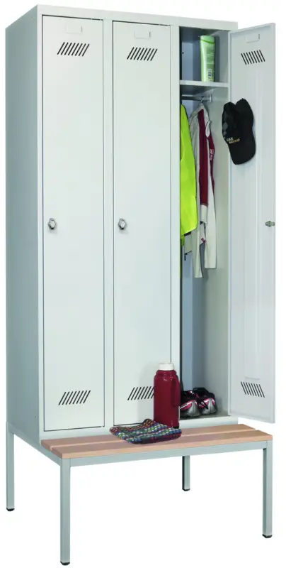 Pavoy Spind mit Sitzbank Holz Buche 2150 x 900 x 500 mm - 3 Abteile mit Drehriegel - RAL 7035 Online Kaufen