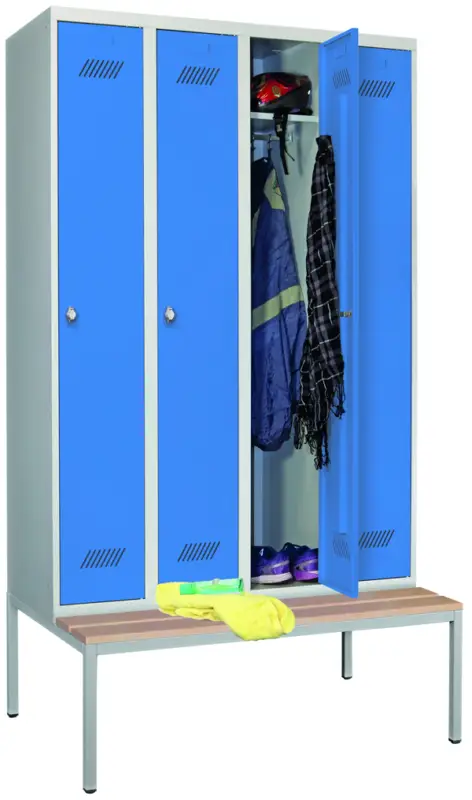 Neu Pavoy Spind mit Sitzbank Holz Buche 2150 x 1200 x 500 mm - 4 Abteile mit Drehriegel - RAL 7035 5012
