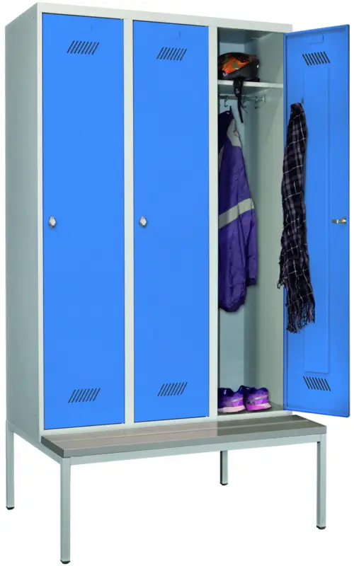 Mega-Angebot Pavoy Spind mit Sitzbank PVC hellgrau 2150 x 1200 x 500 mm - 3 Abteile mit Drehriegel - RAL 7035 5012