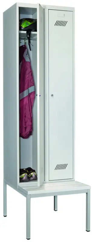 Saisonangebot Pavoy Spind mit Sitzbank PVC weiß 2150 x 600 x 500 mm - 2 Abteile mit Zylinderschloss - RAL 7035