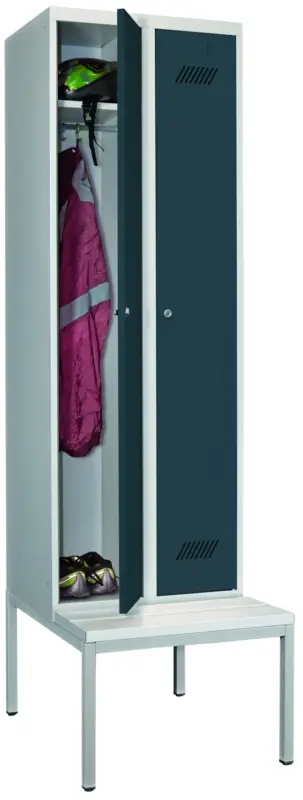 Geprüft Pavoy Spind mit Sitzbank PVC weiß 2150 x 600 x 500 mm - 2 Abteile mit Zylinderschloss - RAL 7035 7016