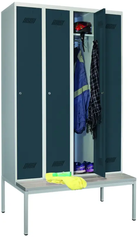 Pavoy Spind mit Sitzbank PVC hellgrau 2150 x 1200 x 500 mm - 4 Abteile mit Zylinderschloss - RAL 7035 7016 Sonderangebot
