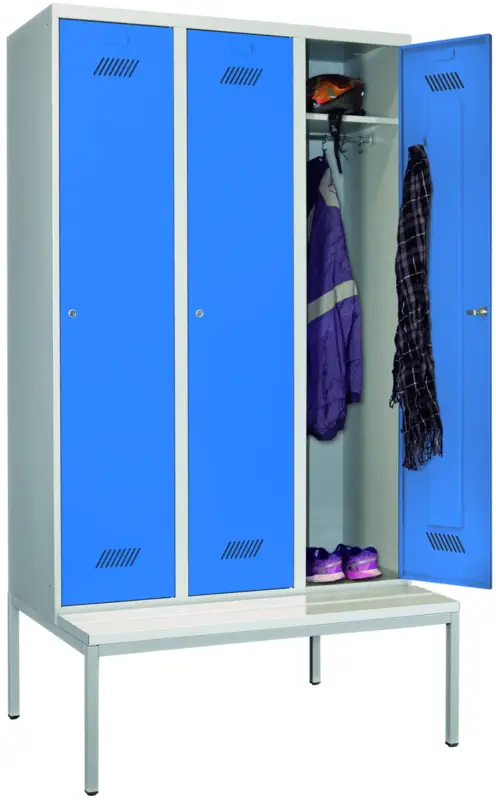 Pavoy Spind mit Sitzbank PVC weiß 2150 x 1200 x 500 mm - 3 Abteile mit Zylinderschloss - RAL 7035 5012 Heißes Angebot