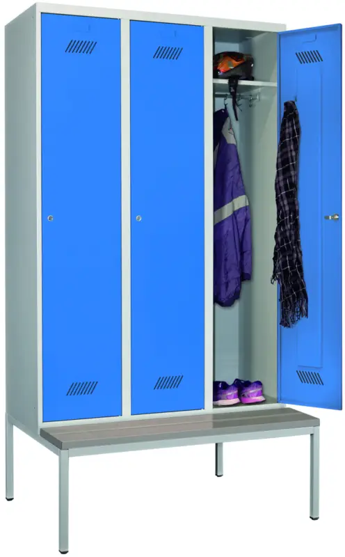 Rabatt Pavoy Spind mit Sitzbank PVC hellgrau 2150 x 1200 x 500 mm - 3 Abteile mit Zylinderschloss - RAL 7035 5012