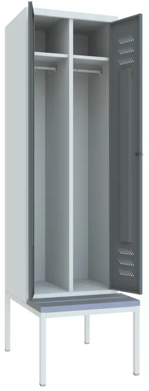 Pavoy Spind mit Sitzbank PVC hellgrau 2150 x 600 x 500 mm - 1 Doppel-Abteil mit Drehriegel - RAL 7035 7016 Finale Aktion