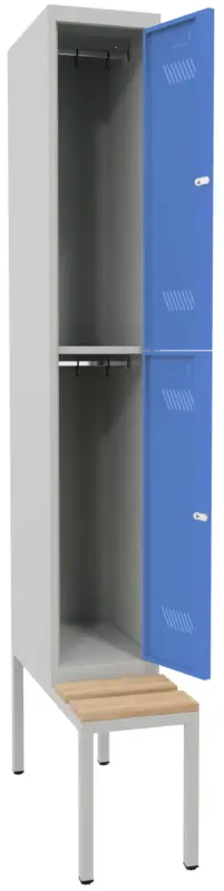 Pavoy Schließfach Spind mit Sitzbank Holz Buche 2150 x 300 x 500 mm - 2 Abteile mit Drehriegel - RAL 7035 5012 Sofort Bestellen