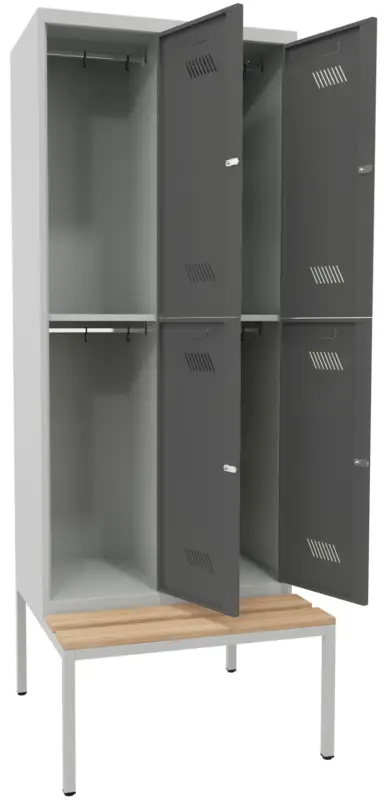 Neu Pavoy Schließfach Spind mit Sitzbank Holz Buche 2150 x 800 x 500 mm - 4 Abteile mit Drehriegel - RAL 7035 7016