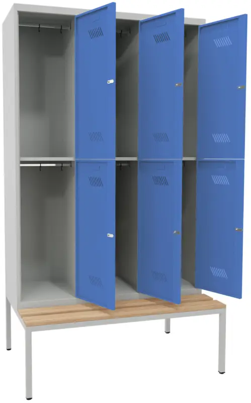 Pavoy Schließfach Spind mit Sitzbank Holz Buche 2150 x 1200 x 500 mm - 6 Abteile mit Drehriegel - RAL 7035 5012 Sofort Bestellen