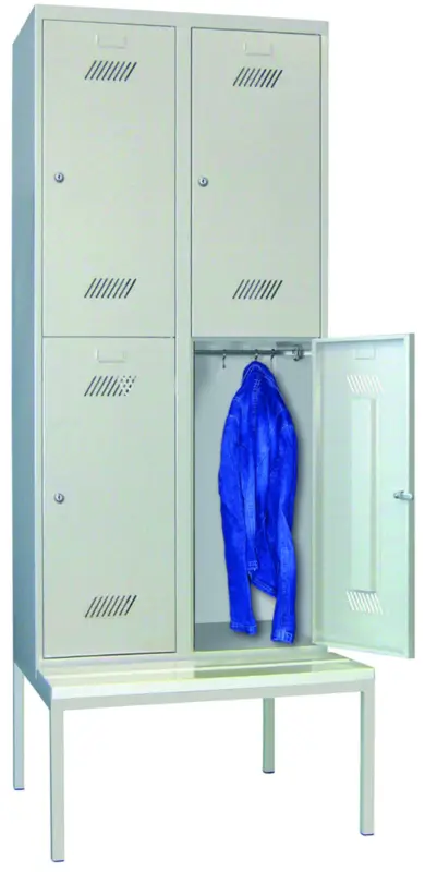 Ausverkauf Pavoy Schließfach Spind mit Sitzbank PVC weiß 2150 x 600 x 500 mm - 4 Abteile mit Zylinderschloss - RAL 7035