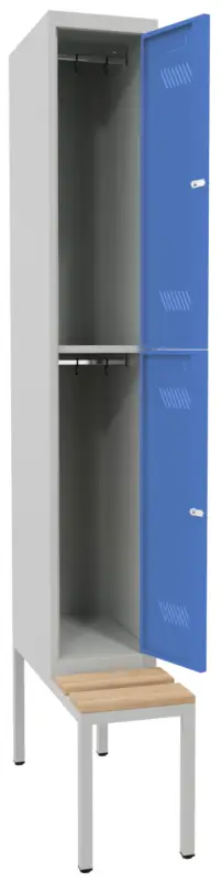 Pavoy Schließfach Spind mit Sitzbank Holz Buche 2150 x 300 x 500 mm - 2 Abteile mit Zylinderschloss - RAL 7035 5012 Direktkauf