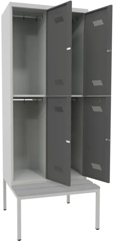 Pavoy Schließfach Spind mit Sitzbank PVC hellgrau 2150 x 800 x 500 mm - 4 Abteile mit Zylinderschloss - RAL 7035 7016 Expressversand