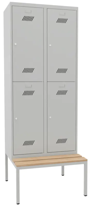 Pavoy Schließfach Spind mit Sitzbank Holz Buche 2150 x 800 x 500 mm - 4 Abteile mit Zylinderschloss - RAL 7035 Online Kaufen