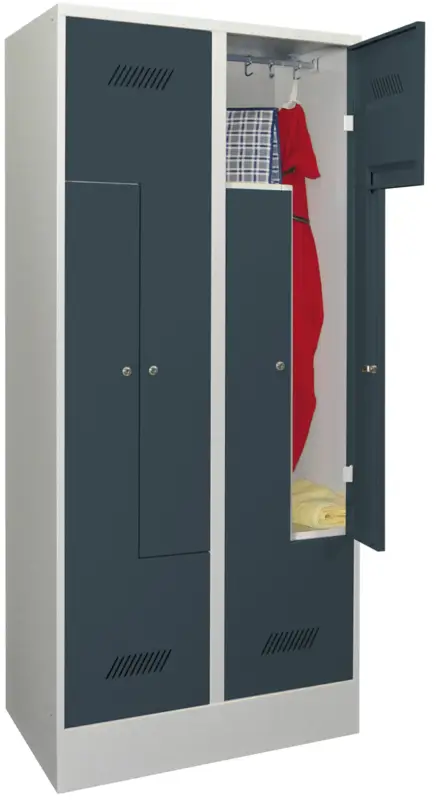 Preiswert Pavoy Z-Spind mit Sockel 1850 x 800 x 500 mm - 4 Abteile mit Zylinderschloss - RAL 7035 7016