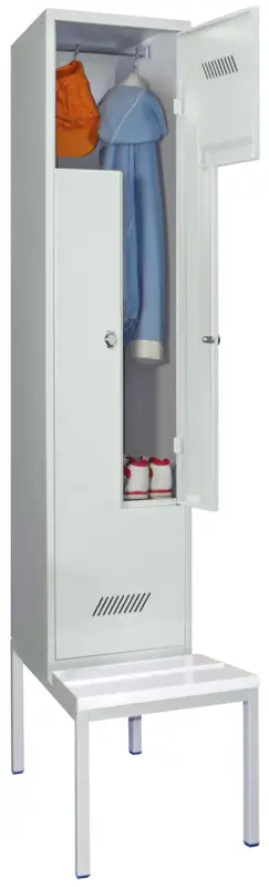 Pavoy Z-Spind mit Sitzbank PVC weiß 2150 x 400 x 500 mm - 2 Abteile mit Drehriegel - RAL 7035 Zertifiziert