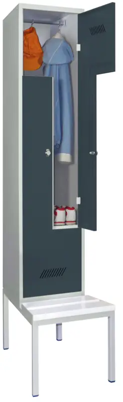 Abverkauf Pavoy Z-Spind mit Sitzbank PVC weiß 2150 x 400 x 500 mm - 2 Abteile mit Drehriegel - RAL 7035 7016