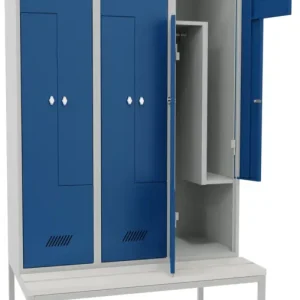 Sonderaktion Pavoy Z-Spind mit Sitzbank PVC weiß 2150 x 1200 x 500 mm - 6 Abteile mit Drehriegel - RAL 7035 5010