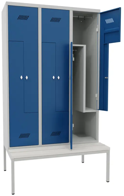 Sonderaktion Pavoy Z-Spind mit Sitzbank PVC weiß 2150 x 1200 x 500 mm - 6 Abteile mit Drehriegel - RAL 7035 5010