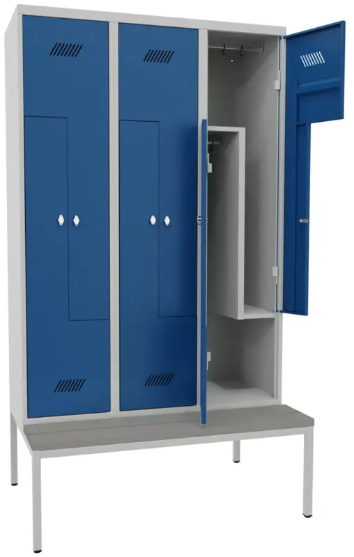 Pavoy Z-Spind mit Sitzbank PVC hellgrau 2150 x 1200 x 500 mm - 6 Abteile mit Drehriegel - RAL 7035 5010 Schnäppchen