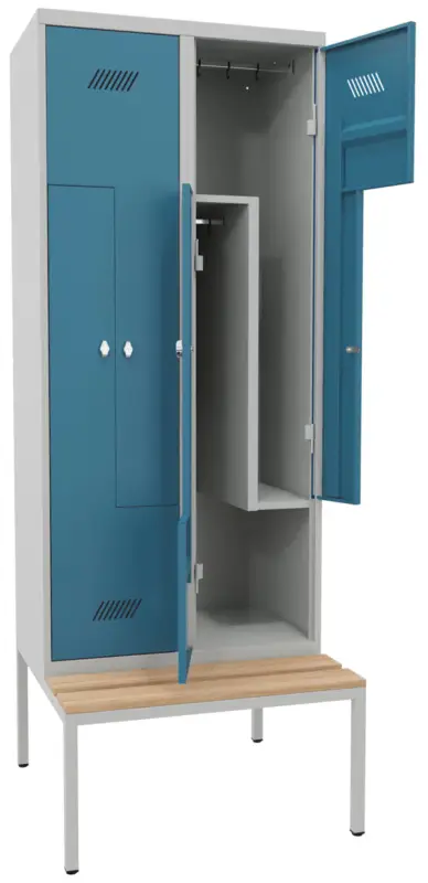 Garantierte Lieferung Pavoy Z-Spind mit Sitzbank Holz Buche 2150 x 800 x 500 mm - 4 Abteile mit Drehriegel - RAL 7035 5012