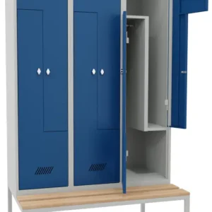 Schnäppchen Pavoy Z-Spind mit Sitzbank Holz Buche 2150 x 1200 x 500 mm - 6 Abteile mit Drehriegel - RAL 7035 5010
