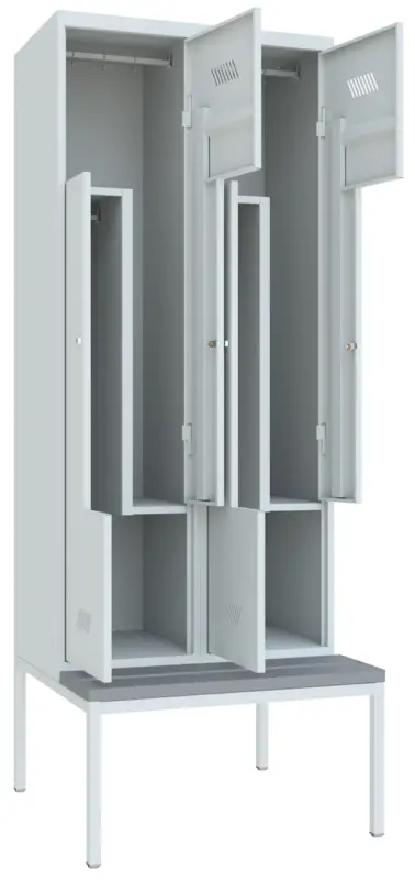 Markenprodukt Pavoy Z-Spind mit Sitzbank PVC hellgrau 2150 x 800 x 500 mm - 4 Abteile mit Zylinderschloss - RAL 7035