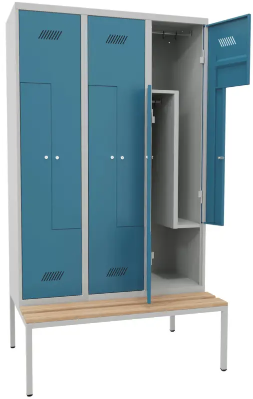 Pavoy Z-Spind mit Sitzbank Holz Buche 2150 x 1200 x 500 mm - 6 Abteile mit Zylinderschloss - RAL 7035 5012 Sonderangebot