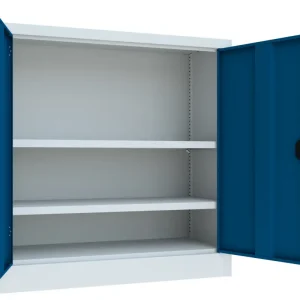 Billig Pavoy Flügeltürenschrank mit Vollblechtüren 1000 x 1000 x 400 mm - 2 Fachböden pulverbeschichtet - RAL 7035 5010