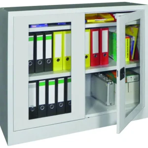 Sichere Zahlung Pavoy Flügeltürenschrank mit Sichtfenstertüren 1000 x 1200 x 400 mm - 2 Fachböden pulverbeschichtet - RAL 7035