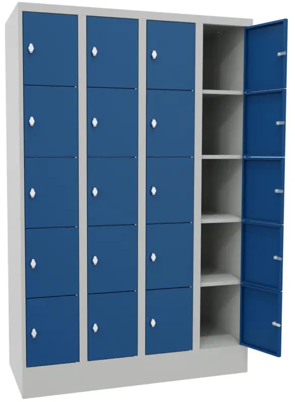 Schnäppchen Pavoy Schließfachschrank mit Sockel und Vollblechtüren 1850 x 1200 x 500 mm - 5 x 4 Fächer mit Drehriegel - RAL 7035 5010