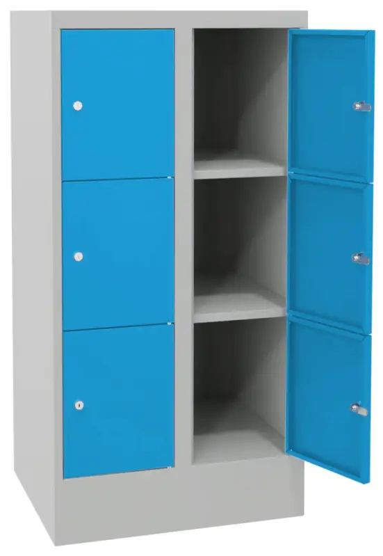 Pavoy Schließfachschrank mit Sockel und Vollblechtüren 1187 x 600 x 500 mm - 3 x 2 Fächer mit Zylinderschloss - RAL 7035 5012 Schnäppchen