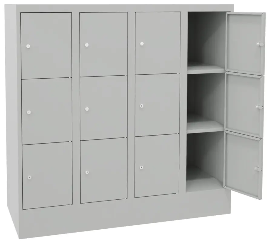 Sichere Zahlung Pavoy Schließfachschrank mit Sockel und Vollblechtüren 1187 x 1200 x 500 mm - 3 x 4 Fächer mit Zylinderschloss - RAL 7035