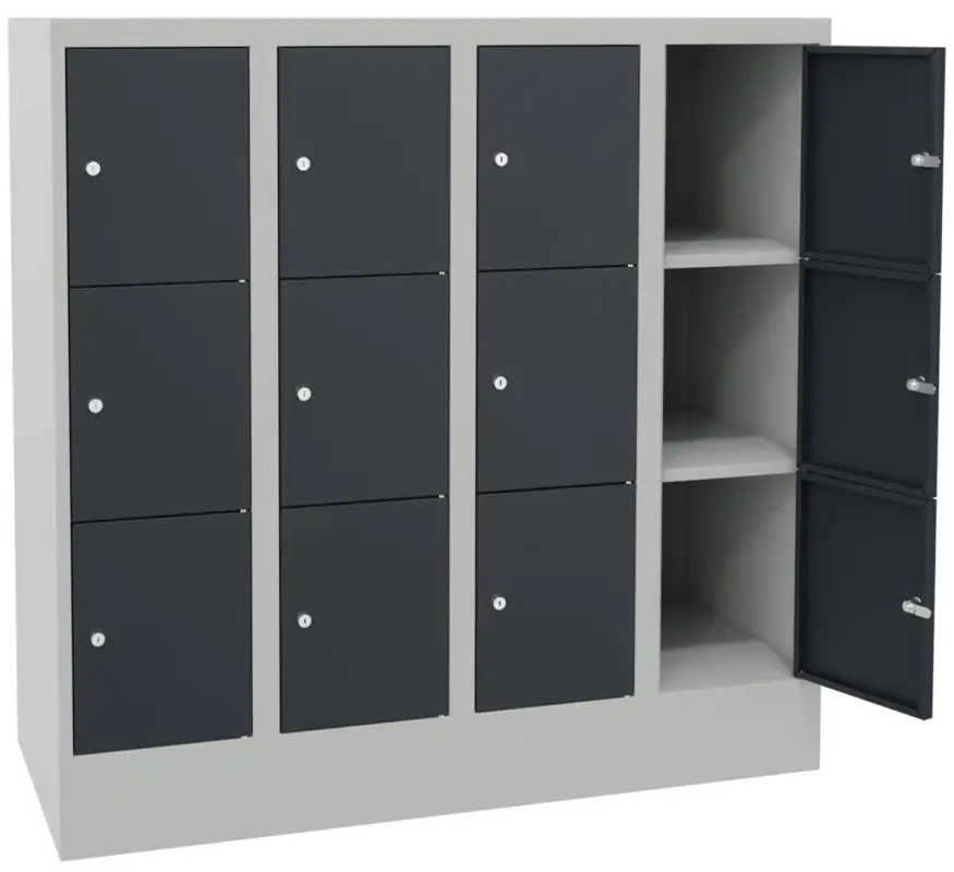Versand Am Gleichen Tag Pavoy Schließfachschrank mit Sockel und Vollblechtüren 1187 x 1200 x 500 mm - 3 x 4 Fächer mit Zylinderschloss - RAL 7035 7016
