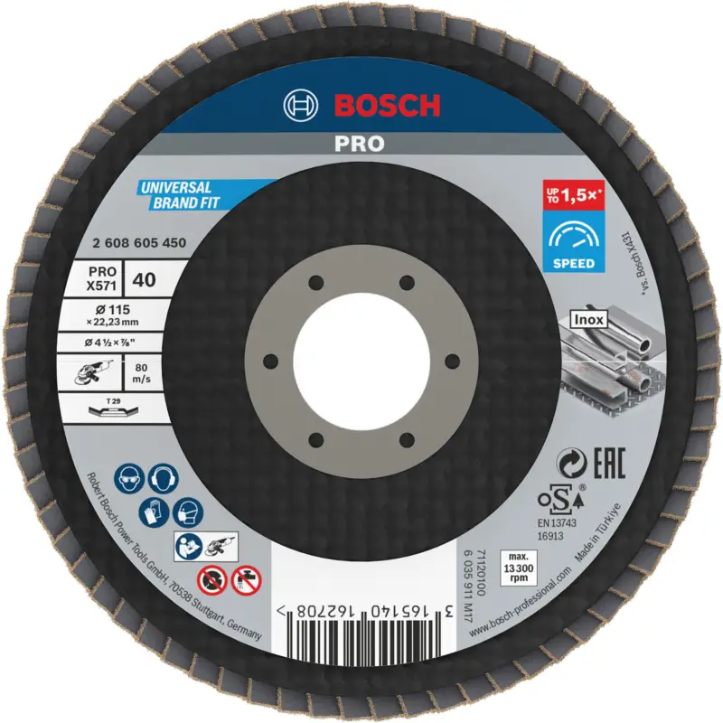 Zertifiziert Bosch PRO X571 Fächerschleifscheibe 115 mm G40 - 2608605450