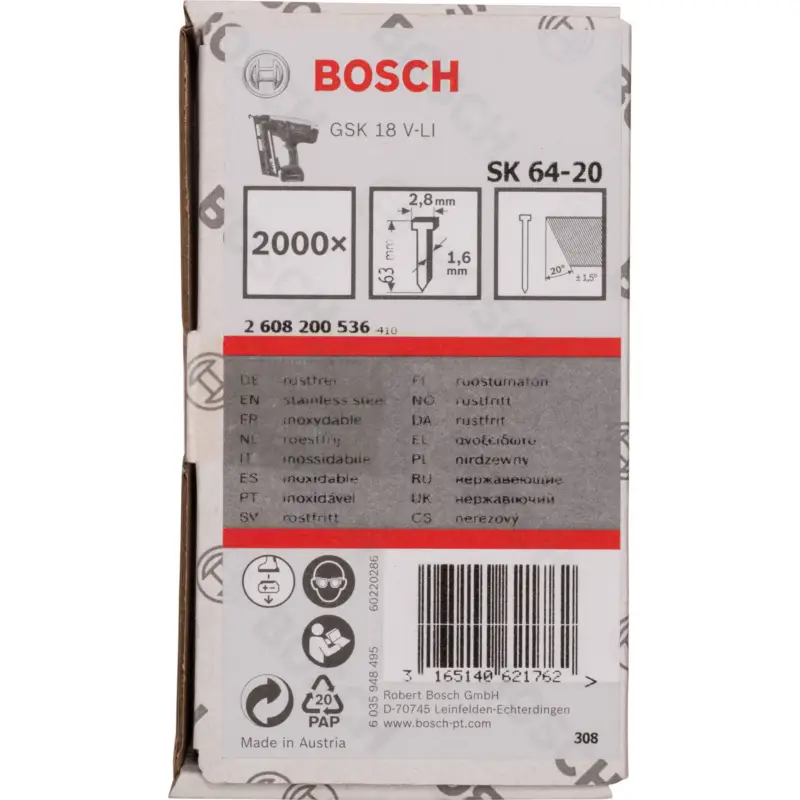 Versand Am Gleichen Tag Bosch Senkkopf-Stift SK64 20NR, 63 mm Edelstahl - 2608200536