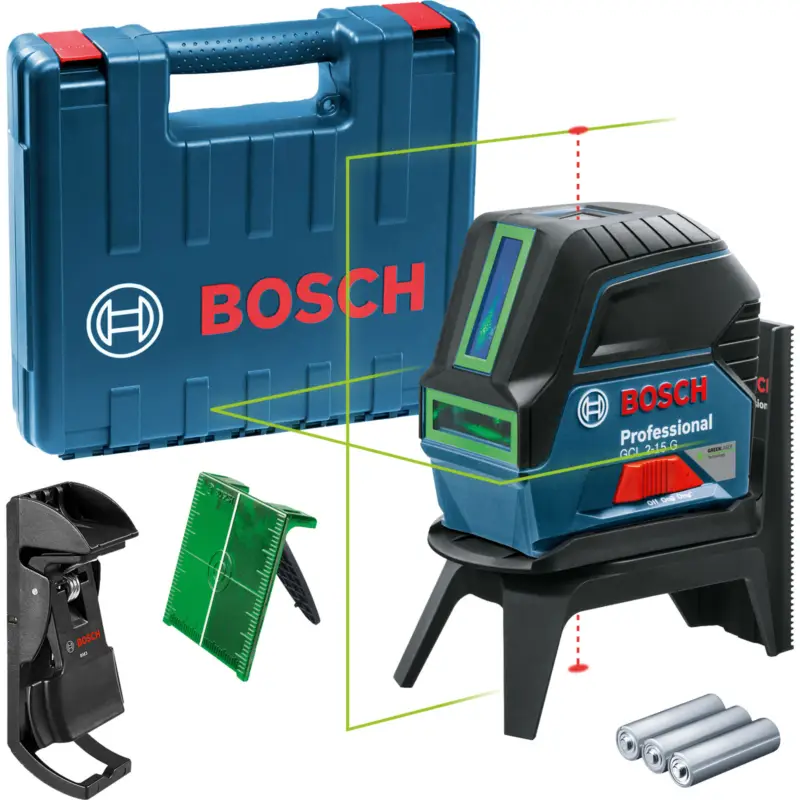 Bosch Kombilaser GCL 2-15 G / 3x 1,5 V-LR6-Batterie inkl. Deckenklemme + RM 1 + Laserzieltafel in Koffer - 0601066J00 Echt