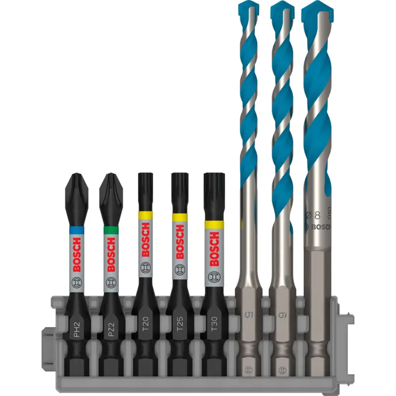 Sofort Bestellen Bosch PRO Impact Set mit Multi Construction Bohrern und Pick and Click-Einsätzen PH2; PZ2; T20; T25; T30; MC 5/6/8 mm 55 mm 8-tlg. - 2608577144