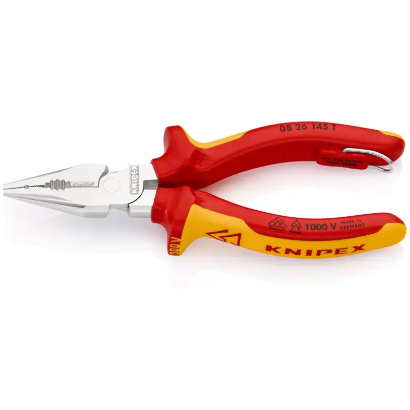 Jetzt Kaufen Knipex Spitzkombizange mit Befestigungsöse verchromt, isoliert mit Mehrkomponenten-Hüllen, VDE-geprüft; mit integrierter isolierter Befestigungsöse zum Anbringen einer Absturzsicherung 145 mm - 0826145TBK
