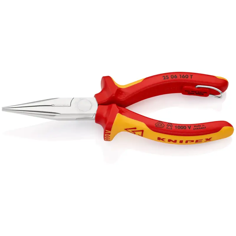 Sonderaktion Knipex Flachrundzangemit Schneide/Befestigungsöse verchromt, isoliert mit Mehrkomponenten-Hüllen, VDE-geprüft; mit integrierter isolierter Befestigungsöse zum Anbringen einer Absturzsicherung 160 mm - 2506160TBK