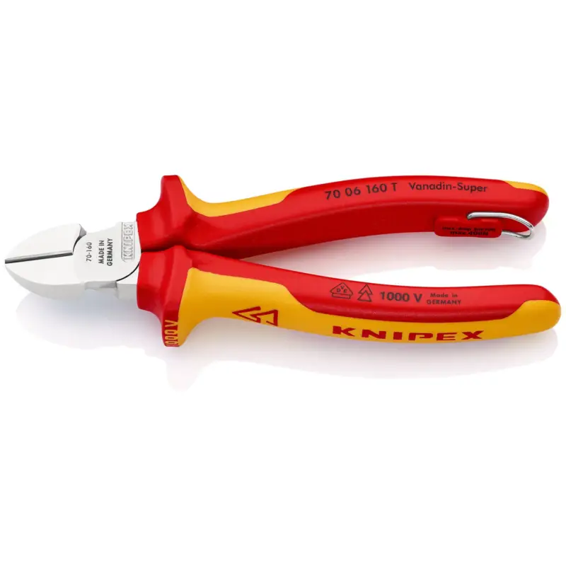 Knipex Seitenschneider mit Befestigungsöse verchromt, isoliert mit Mehrkomponenten-Hüllen, VDE-geprüft; mit integrierter isolierter Befestigungsöse zum Anbringen einer Absturzsicherung 160 mm - 7006160TBK Echt