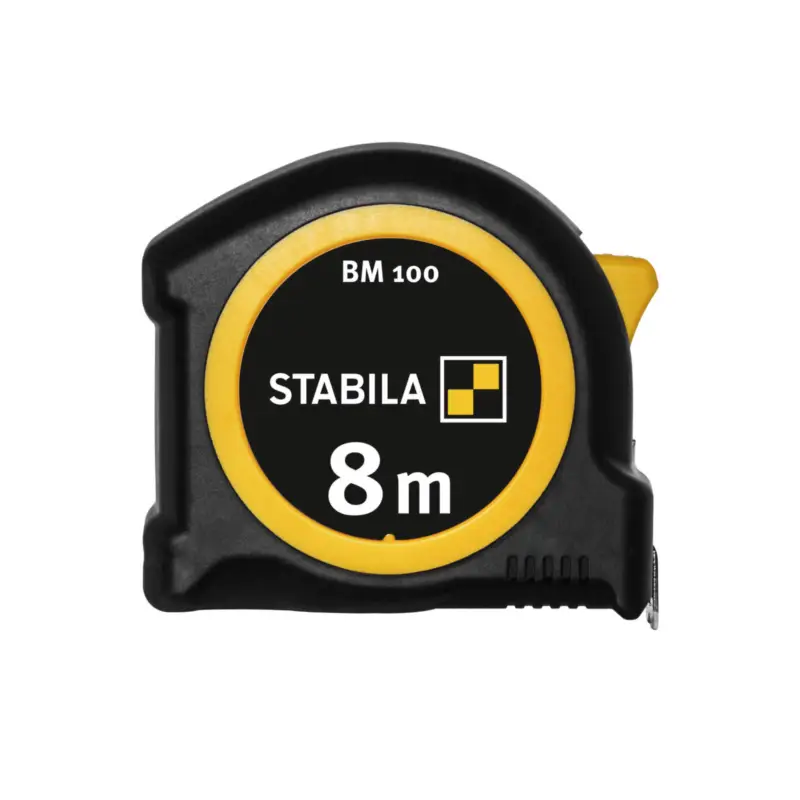 STABILA Taschenbandmaß BM 100, 8 m, Maßband mit metrischer Skala, bruchsicheres ABS-Gehäuse, beweglicher Anfangshaken, Gürtel-Clip, MID-Genauigkeit - 19581 Begrenztes Angebot