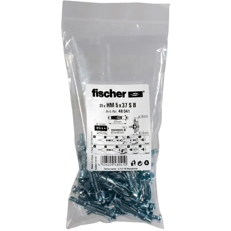 Abverkauf Fischer 20x Hohlraum-Metalldübel HM 5 x 37 S B im Beutel - 048041