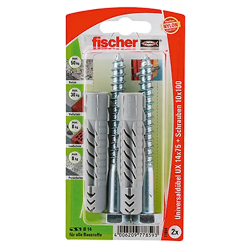 Fischer 2x Universaldübel UX 14 x 75 mm S mit Schraube - 77859 Billig