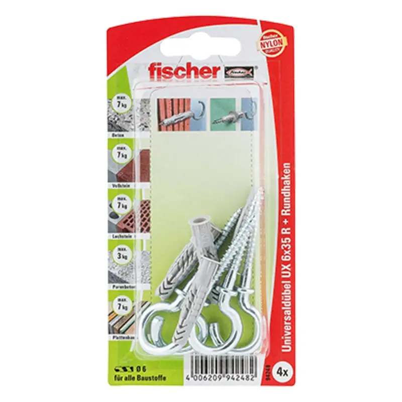 Fischer 4x Universaldübel UX 6x35 RH mit Rundhaken - 94248 Meistverkauft
