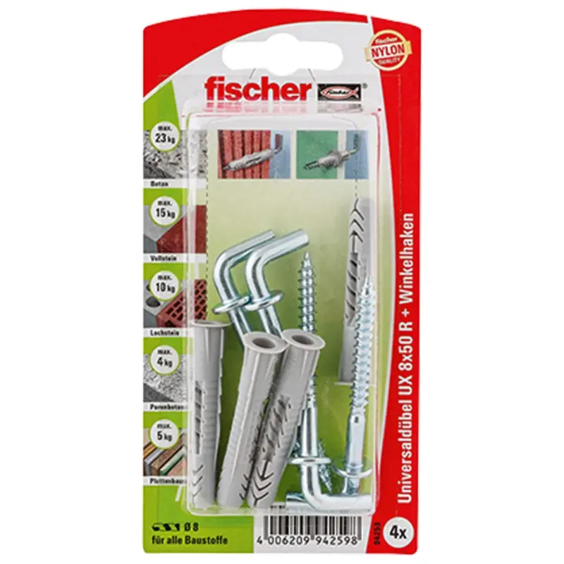 Top-Seller Fischer 4x Universaldübel UX 8x50 WH mit Winkelhaken - 94259
