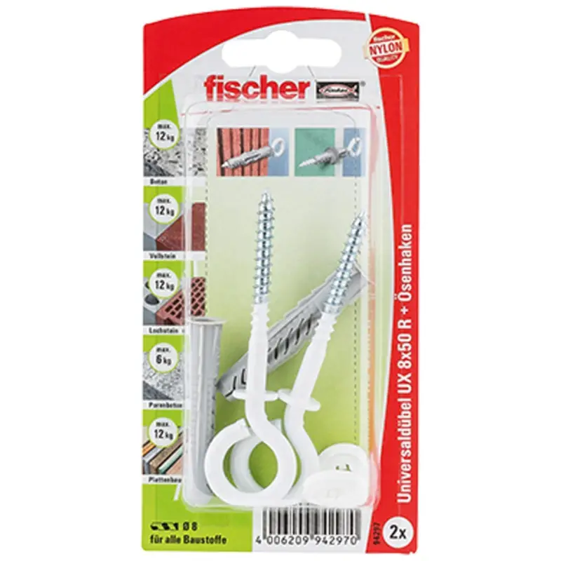 Heißes Angebot Fischer 2x Universaldübel UX 8x50 R OH N mit Rand und Ösenschraube nylonbeschichtet - 94297