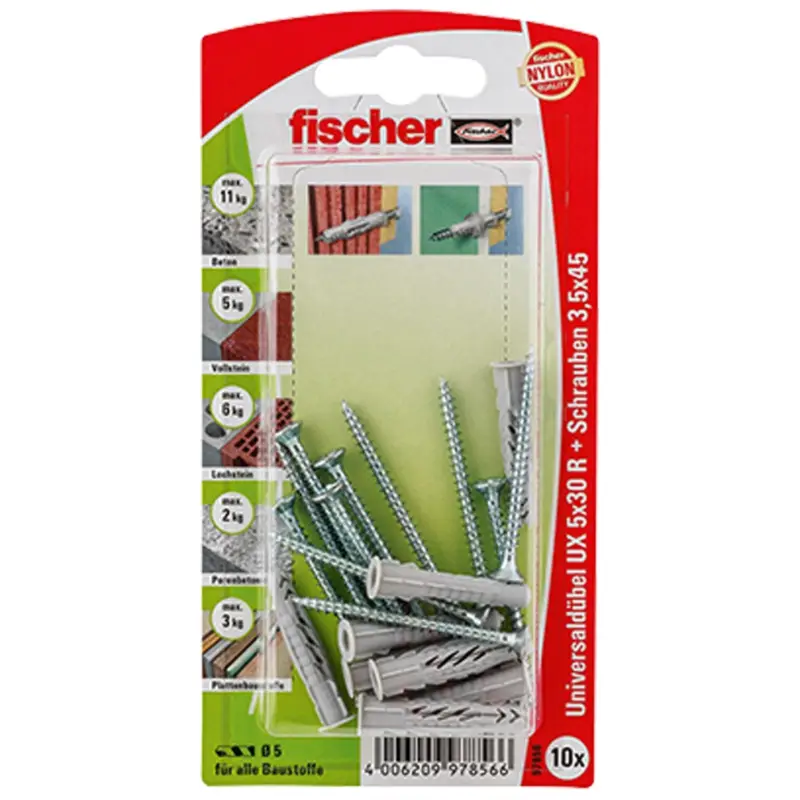Fischer 10x Universaldübel UX 5x30 R S mit Rand und Schraube - 97856 Knallerangebot